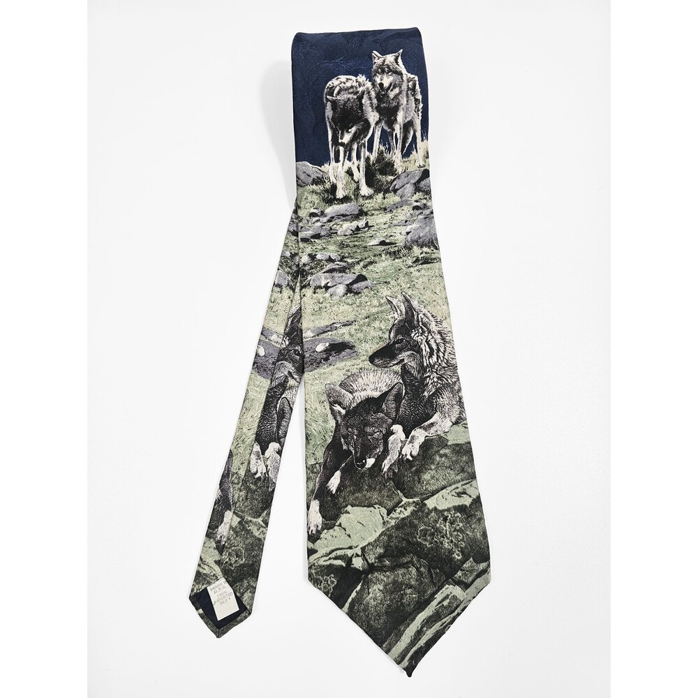 Je Suis Between Hunts Grey Wolf Blue Gray Green Silk Tie Vintage Classic